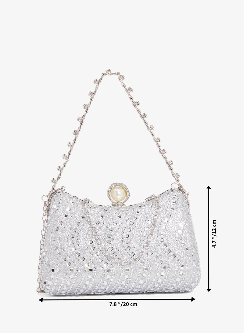 Khizana Silver Silver Rhinestone Embellished Detailed Chain Bag for Women | Best Price UAE